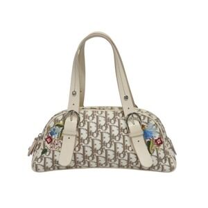 Christian Dior Trotter Handbag Floral Flower Embroidery Beige Tan Canvas Leather